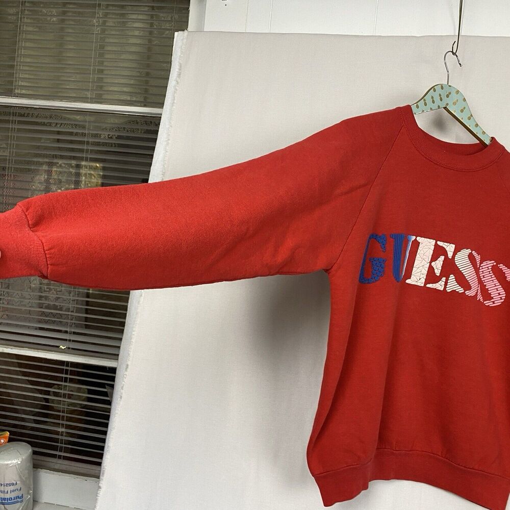 Vintage Guess Sweatshirt Mens Large Puff Paint Spellout Logo Red 80s 90s USA - Picture 2 of 11